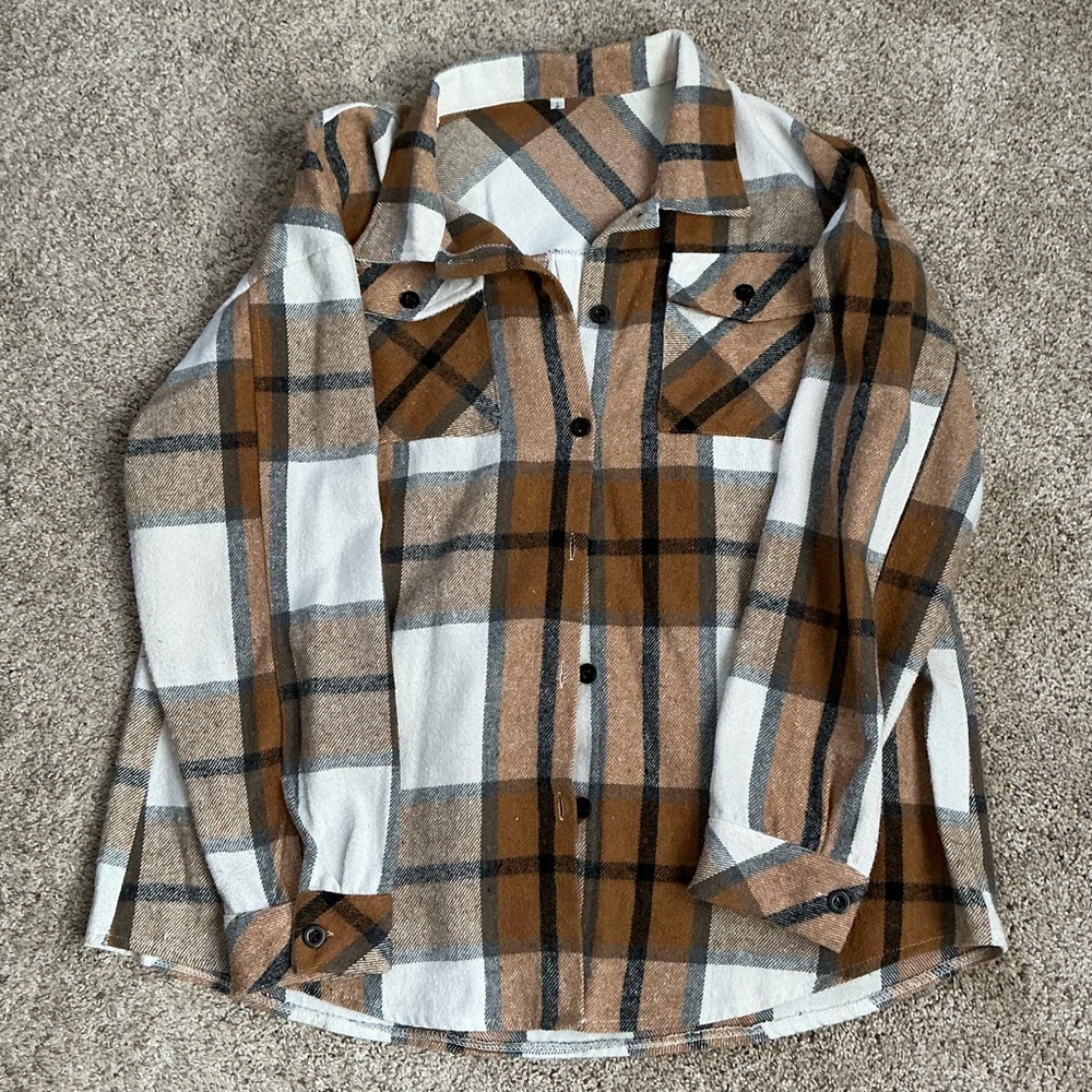 Womens Long Sleeve Plaid Shirts Flannel Lapel Button Down Shacket Jacket Coats